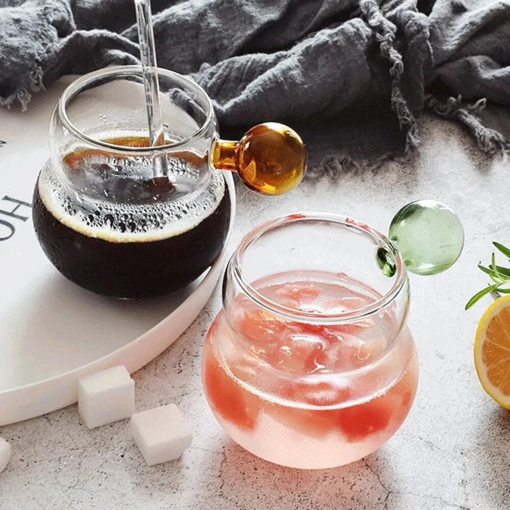 Fashion Design 280ml Gourd Shaped High Borosilicate Glass Transparent Cup with Ball Handle Coffee Milk Cup