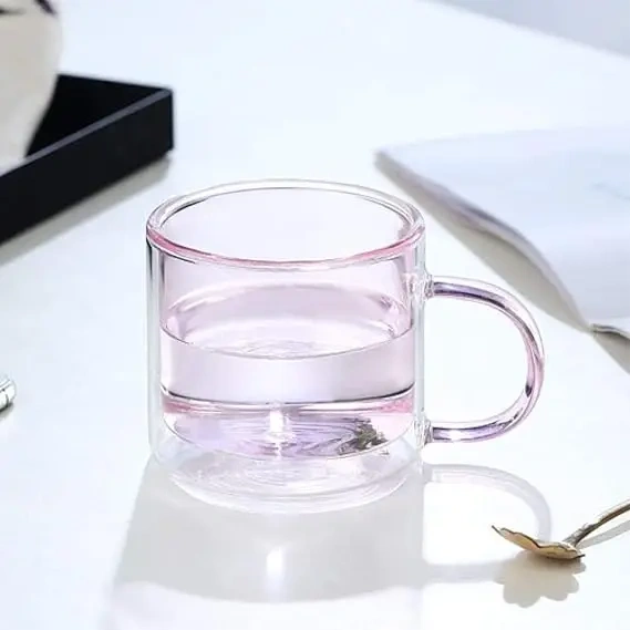 Custom Made 250ML Heat Resistant Coloured Clear High Borosilicate Glass Double Wall Tea Cup Coffee Cup Mug with Handle