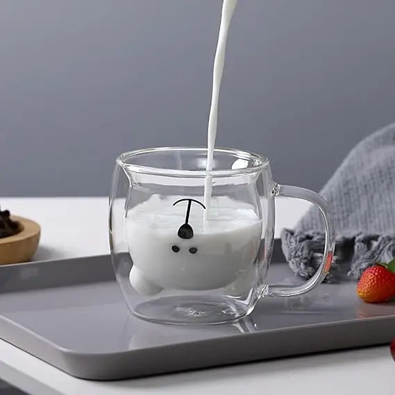 Cartoon Cute Bear High Borosilicate Double Wall Colored Glass Cup with Handle Insulated Mug Milk Water Coffee Cup
