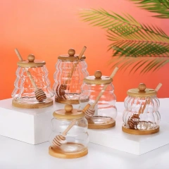 Tableware Glass Striped High Borosilicate Glass Storage Jar Honey Pot Jar with Stirrer Lid for Kitchen