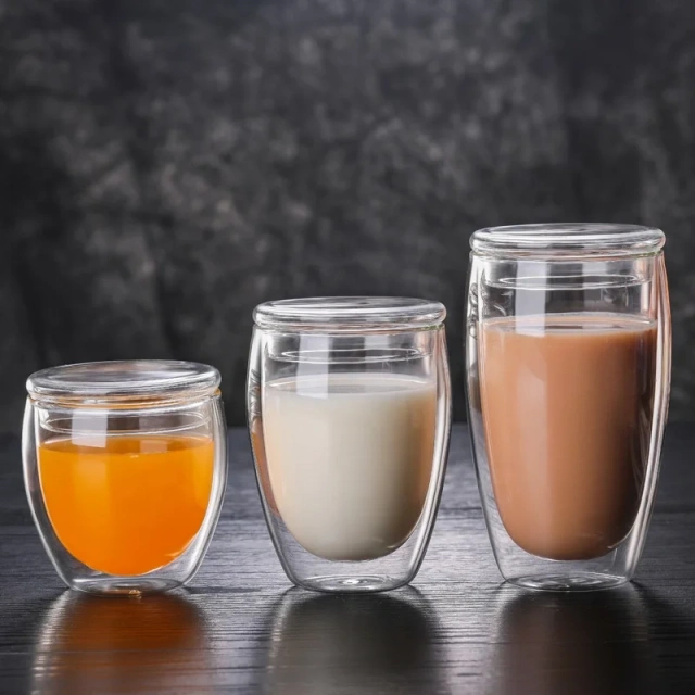 Factory Direct Custom Heat-resistant Juice High Borosilicate Double Wall Glass Coffee Drinking Cup With Bamboo/glass Lid