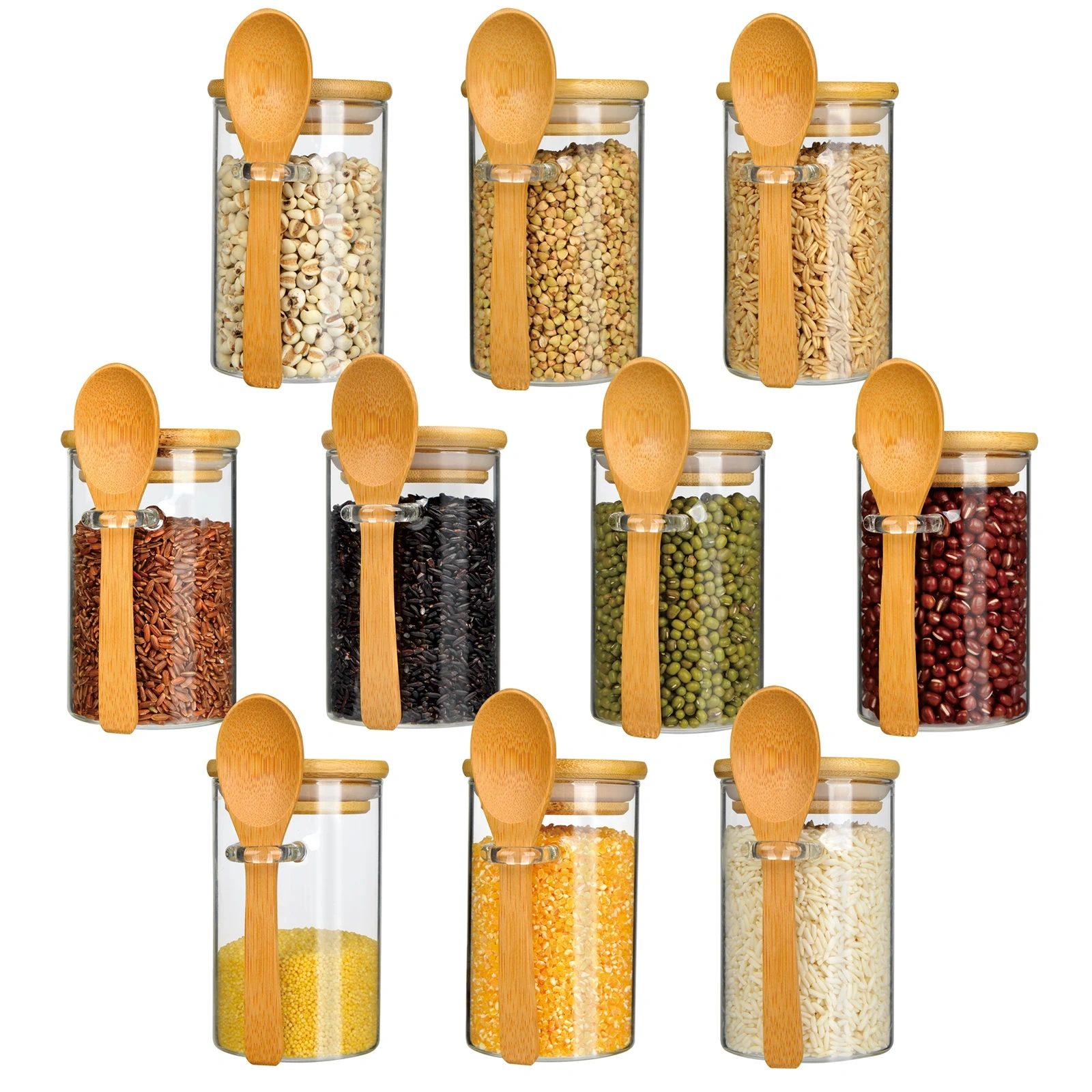 Modern High Borosilicate Glass Kitchen Storage Jars with Bamboo Lids Spoon for Spice & Coffee Home Use & Party