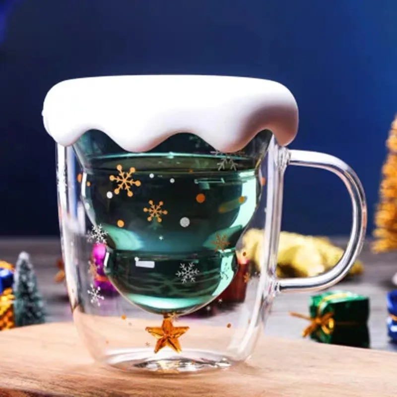 Christmas Presents 300ml 10oz Insulated Double Wall Glass Coffee Mugs with Gift Box Christmas Glass Cups