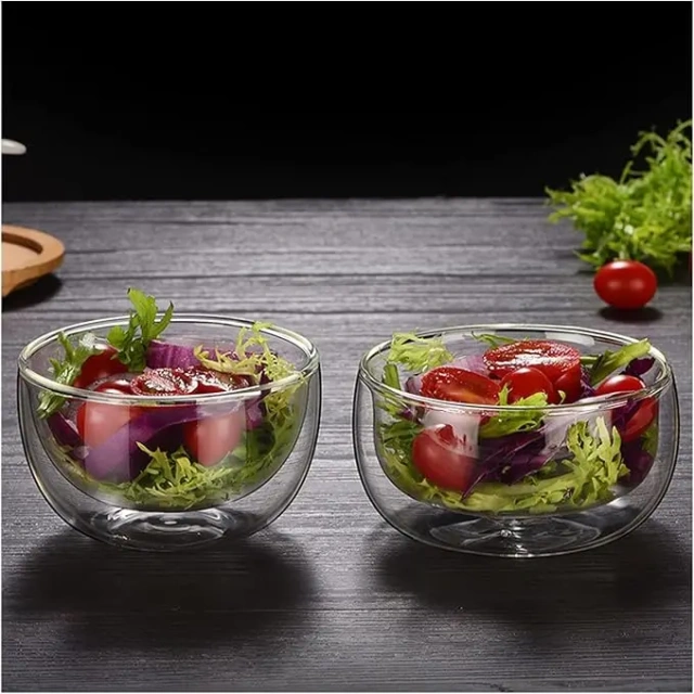 Custom Made Double Wall High Borosilicate Glass Bowl Matcha Fruit Salad Yogurt Food Bowl for Home and Kitchen