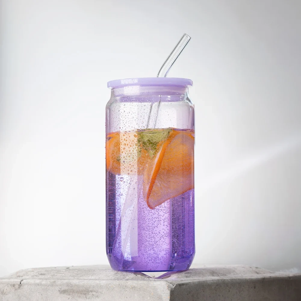Hot Selling 480ML Can Shape Iced Coffee Cup with Plastic Lid and Straw High Borosilicate Glass Cup Tumbler Cup