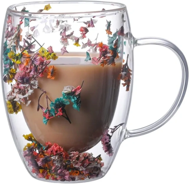 350ml 12OZ Heat Resistance Glass Cup with Dry Flower High Borosilicate Double Wall Glass Mug