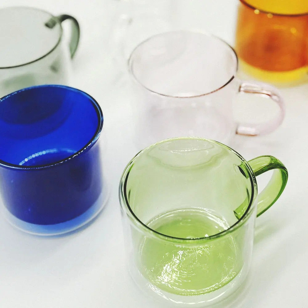 Custom Made 250ML Heat Resistant Coloured Clear High Borosilicate Glass Double Wall Tea Cup Coffee Cup Mug with Handle
