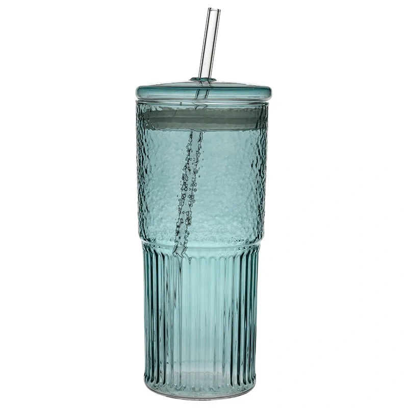 Cold Drink Glass 600ml High Borosilicate Glass Cup with Straw Lids Large Capacity Summer Cold Water Bottle for Ice Cola Coffee