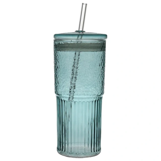 Cold Drink Glass 600ml High Borosilicate Glass Cup with Straw Lids Large Capacity Summer Cold Water Bottle for Ice Cola Coffee