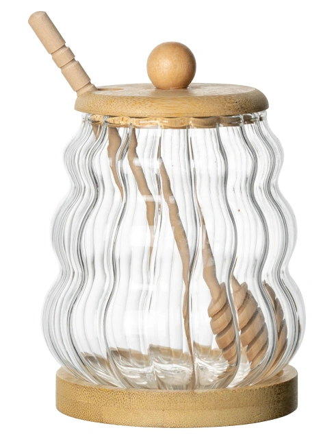 Tableware Glass Striped High Borosilicate Glass Storage Jar Honey Pot Jar with Stirrer Lid for Kitchen
