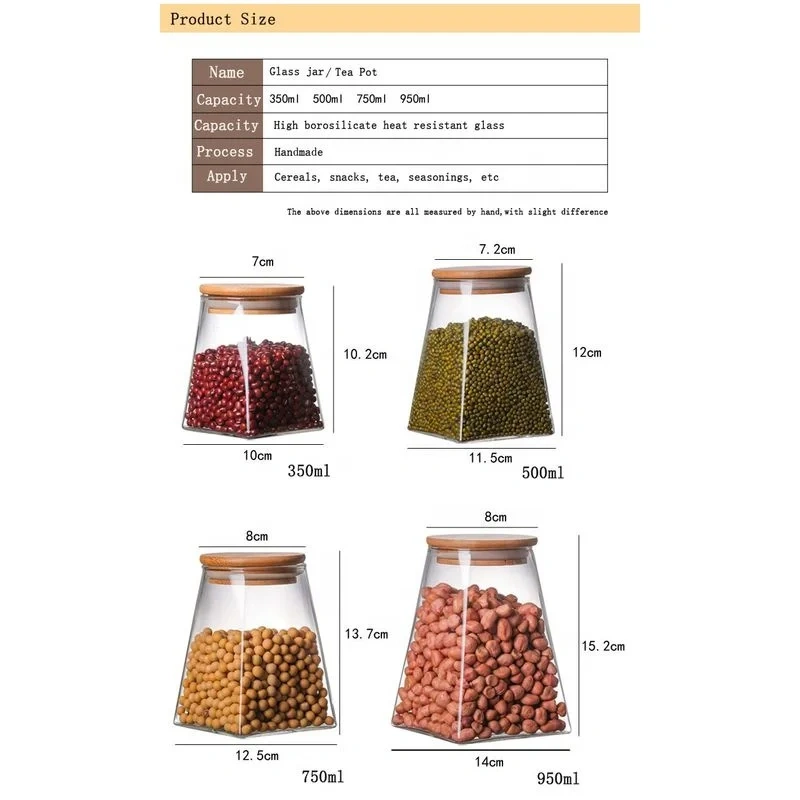 Hot Sale Fancy Hand Blown Trapezoid Borosilicate Glass Storage Jars With Bamboo Wooden Lid