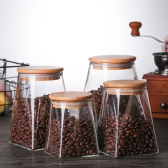 Hot Sale Fancy Hand Blown Trapezoid Borosilicate Glass Storage Jars With Bamboo Wooden Lid