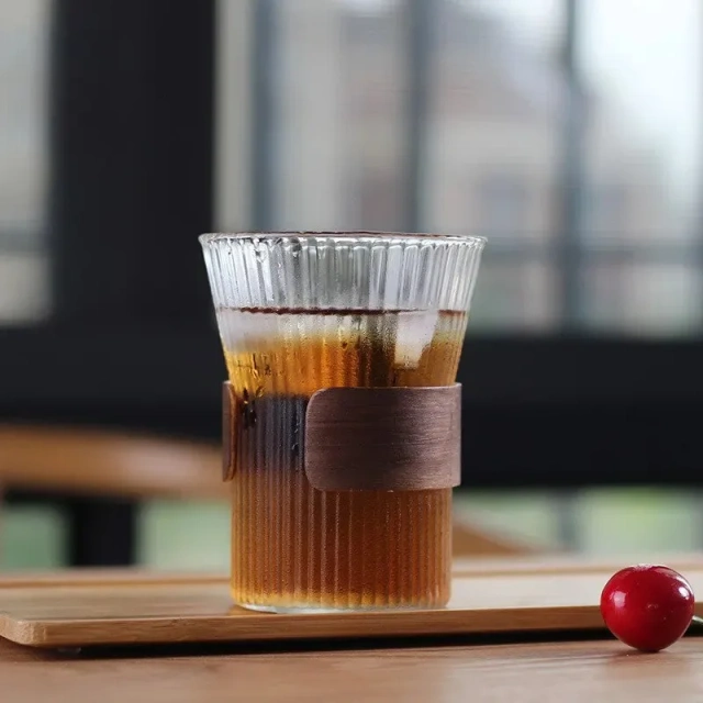 Japanese-style Single Wall High Borosilicate Vertical Stripes Ribbed Glass Cup with Wooden Sleeve Tea Water Coffee Mug