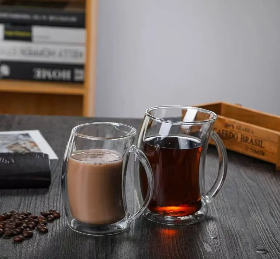 Hot Selling 250ML 350ML  Double Wall Curved Cups Heat Resistant High Borosilicate Glass Cup