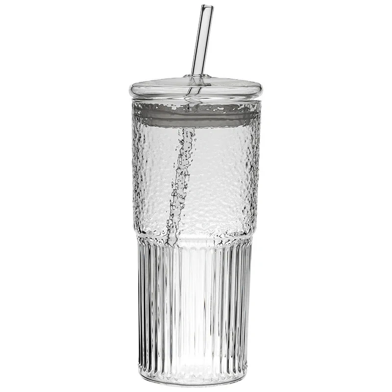 Cold Drink Glass 600ml High Borosilicate Glass Cup with Straw Lids Large Capacity Summer Cold Water Bottle for Ice Cola Coffee