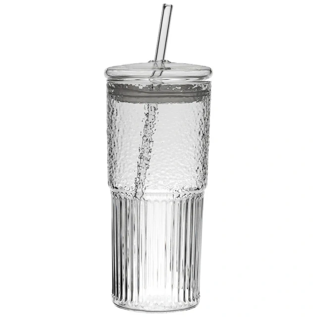 Cold Drink Glass 600ml High Borosilicate Glass Cup with Straw Lids Large Capacity Summer Cold Water Bottle for Ice Cola Coffee