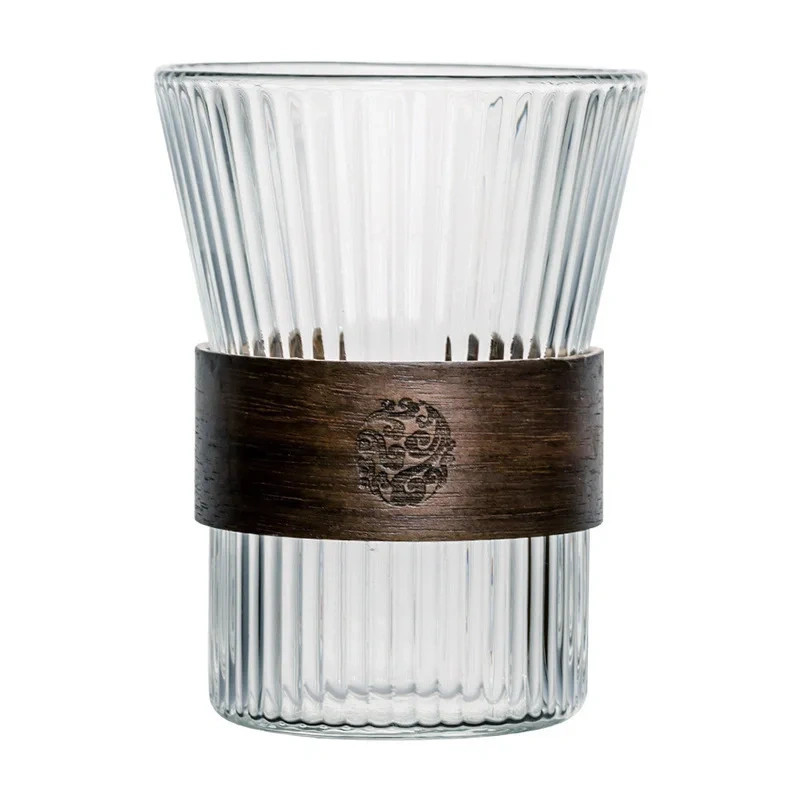 Japanese-style Single Wall High Borosilicate Vertical Stripes Ribbed Glass Cup with Wooden Sleeve Tea Water Coffee Mug
