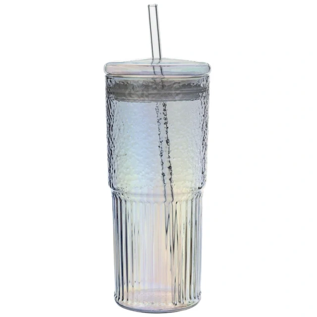 Cold Drink Glass 600ml High Borosilicate Glass Cup with Straw Lids Large Capacity Summer Cold Water Bottle for Ice Cola Coffee