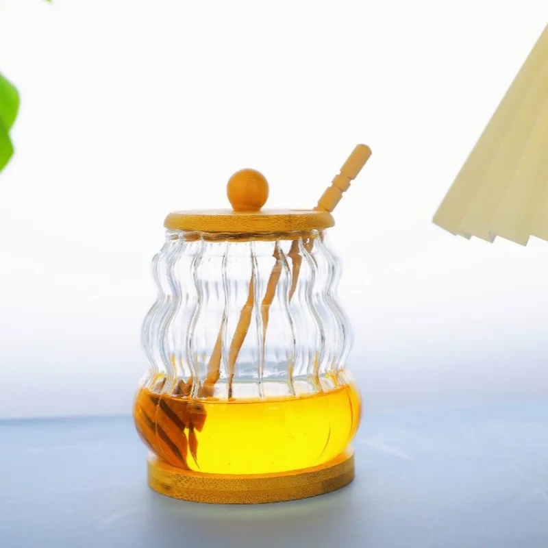 Tableware Glass Striped High Borosilicate Glass Storage Jar Honey Pot Jar with Stirrer Lid for Kitchen