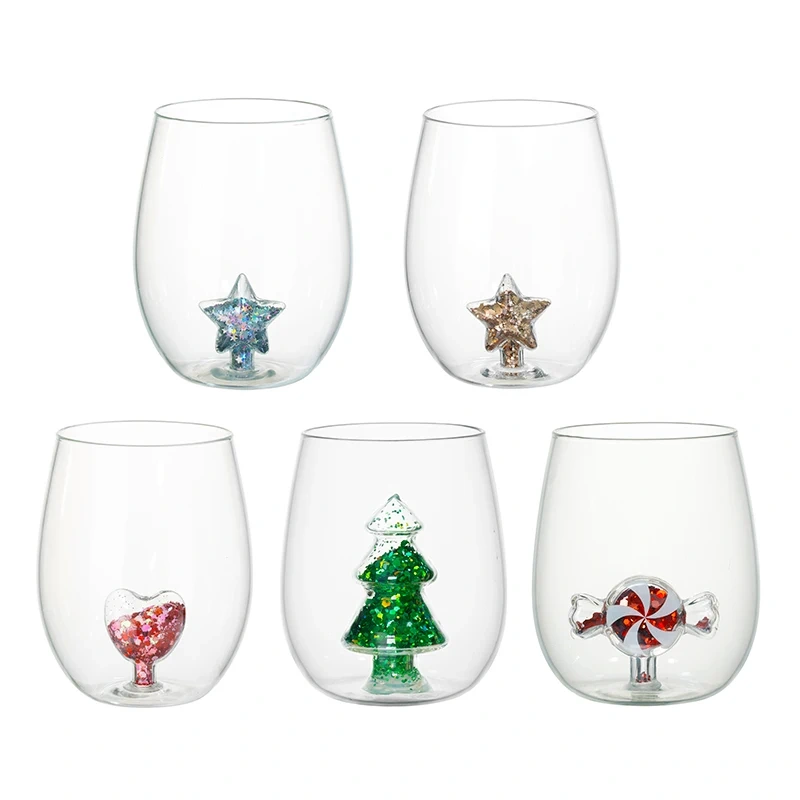 500ml Creative New Design Egg Shape Water Tumbler Drinking Glass Cup Stmeless Wine Glass with Sequins and Glitter for Christmas