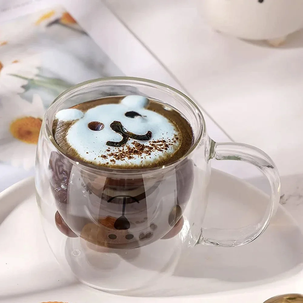Cartoon Cute Bear High Borosilicate Double Wall Colored Glass Cup with Handle Insulated Mug Milk Water Coffee Cup