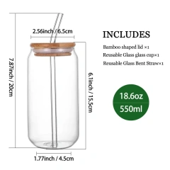Hot Selling Transparent Glass Cup with Bamboo Lid and Glass Straw 380ml 480ml 580ml Glass Cup