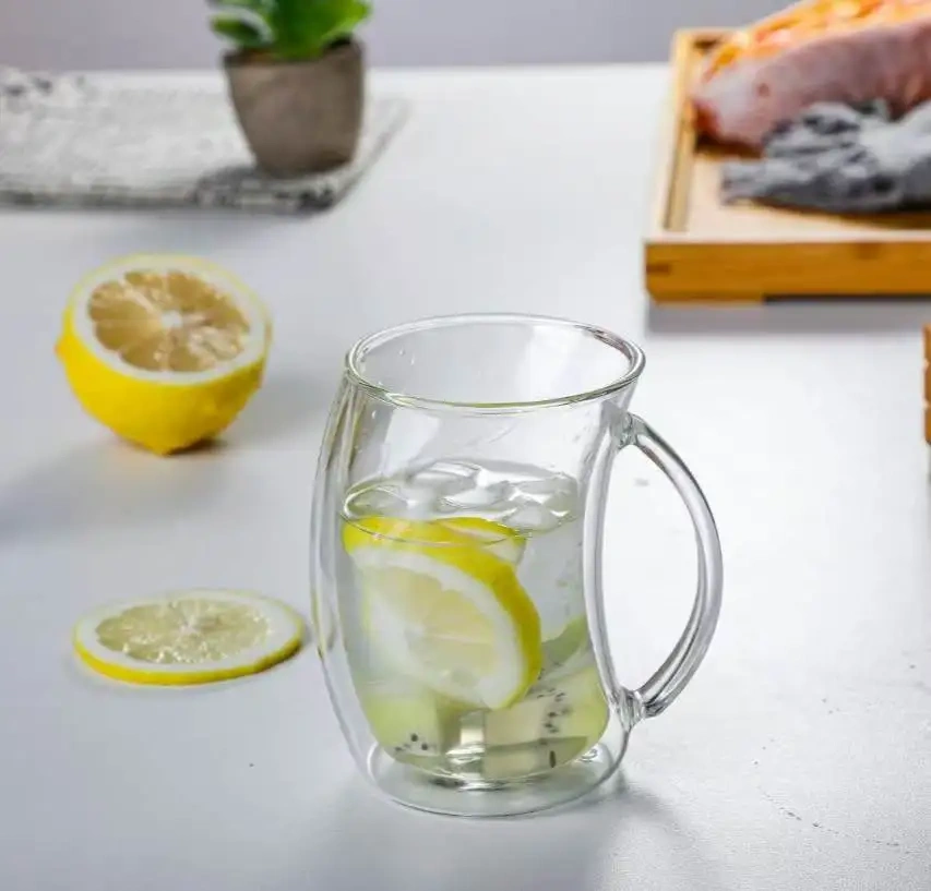 Hot Selling 250ML 350ML  Double Wall Curved Cups Heat Resistant High Borosilicate Glass Cup
