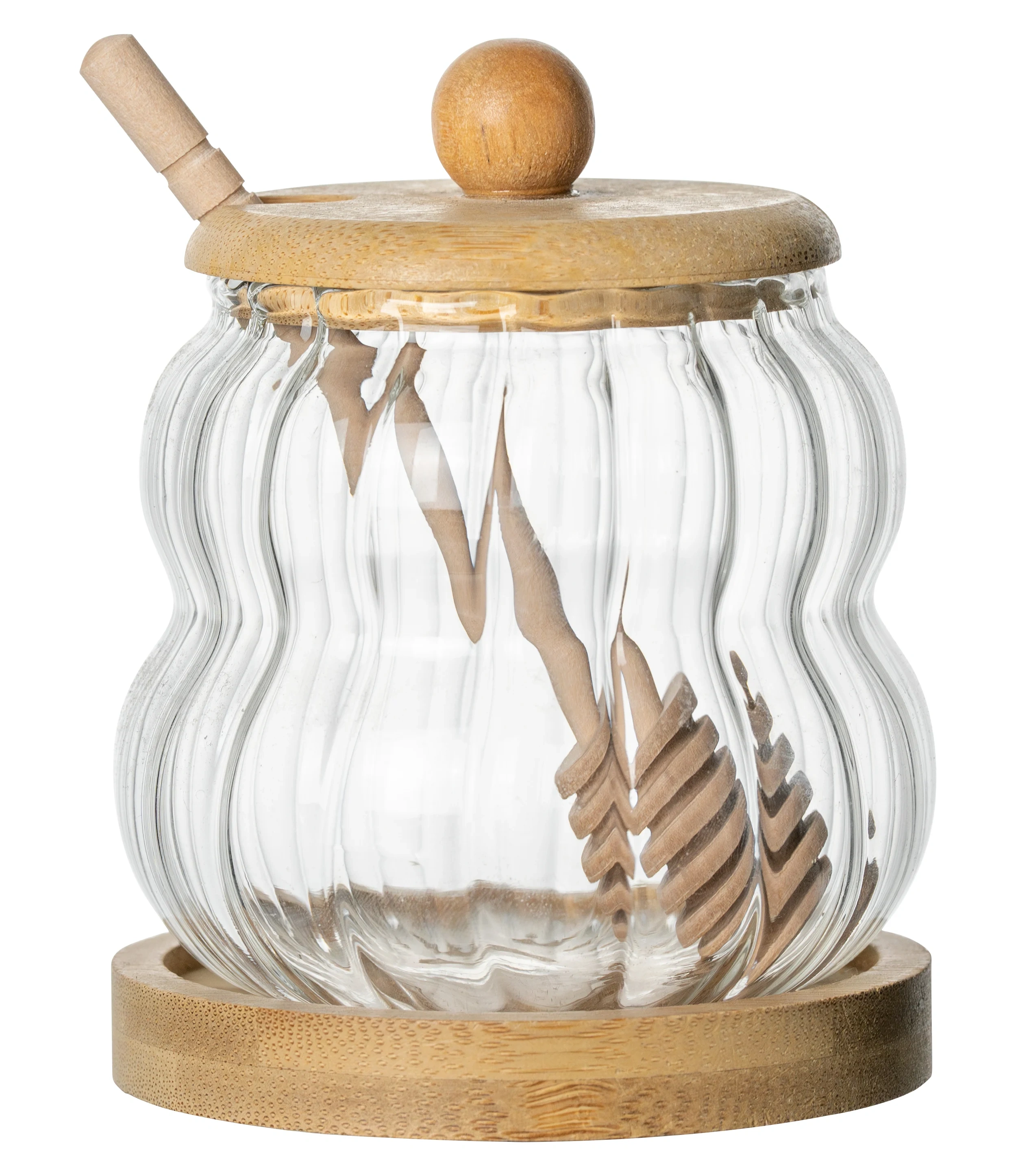 Tableware Glass Striped High Borosilicate Glass Storage Jar Honey Pot Jar with Stirrer Lid for Kitchen