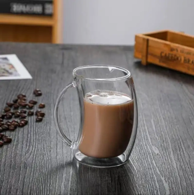 Hot Selling 250ML 350ML  Double Wall Curved Cups Heat Resistant High Borosilicate Glass Cup