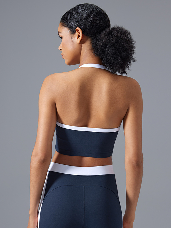 Color-blocking Backless  Halter Neck Sports Bra