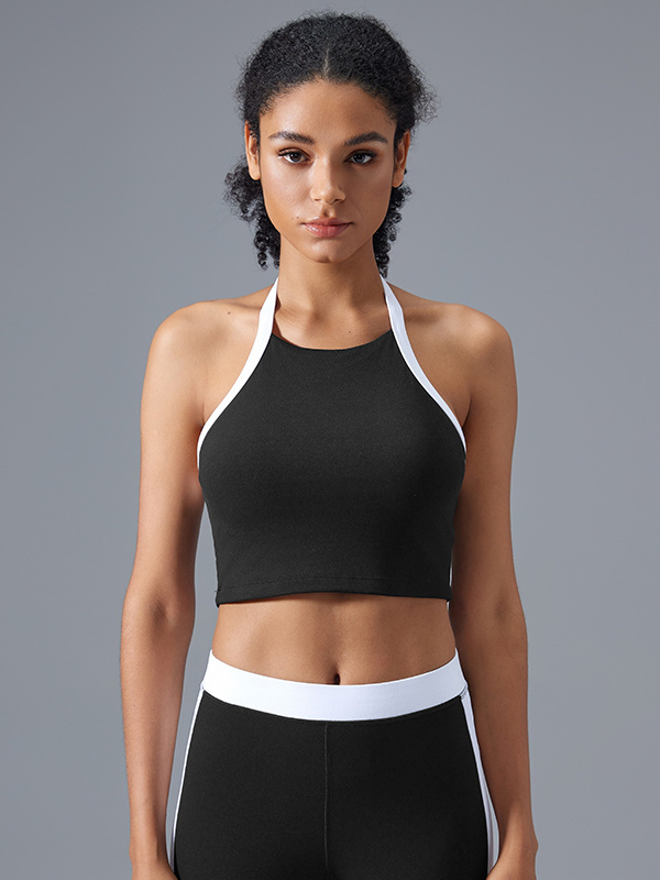 Color-blocking Backless  Halter Neck Sports Bra