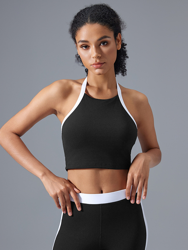 Color-blocking Backless  Halter Neck Sports Bra