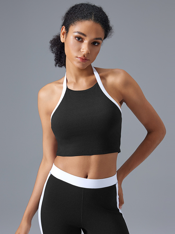 Color-blocking Backless  Halter Neck Sports Bra
