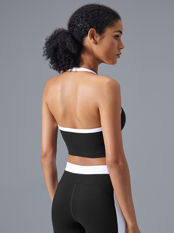 Color-blocking Backless  Halter Neck Sports Bra