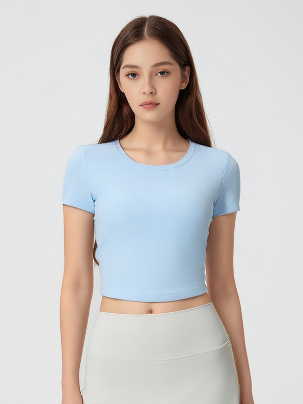 Women's Short Sleeve Crop  Top Shirts With Pleated Back Design
