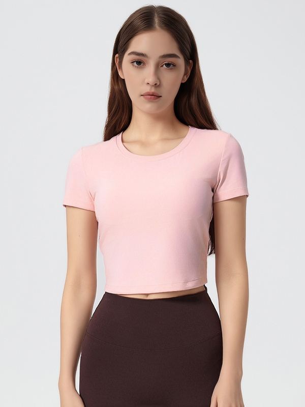 Women's Short Sleeve Crop  Top Shirts With Pleated Back Design
