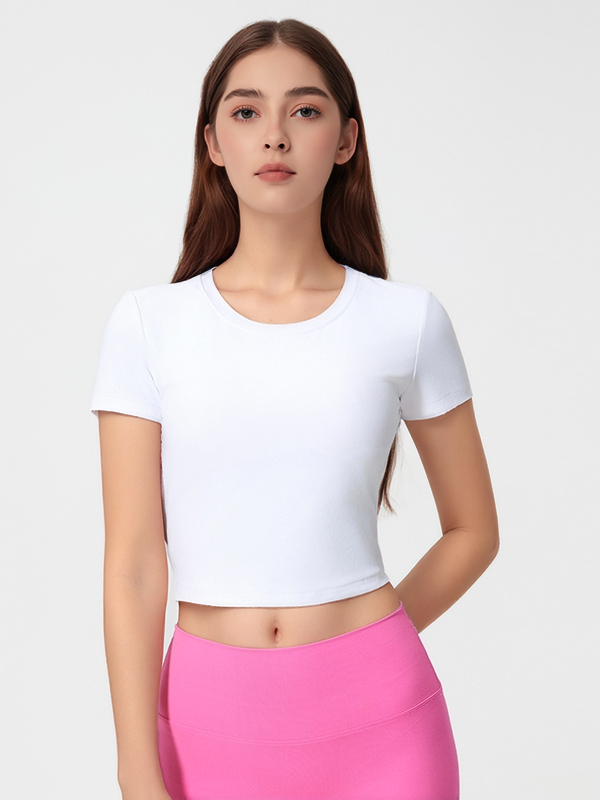 Women's Short Sleeve Crop  Top Shirts With Pleated Back Design