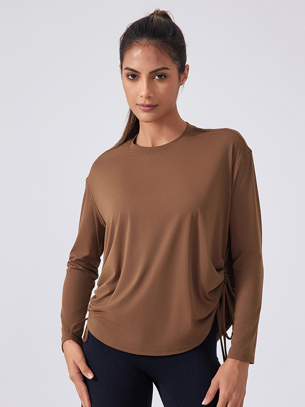 Long Sleeve Casual Yoga Running T-Shirts With Side Drawstring