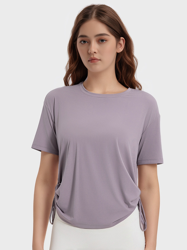 Loose Casual Short Sleeve Sports T-shirts With Side Drawstring