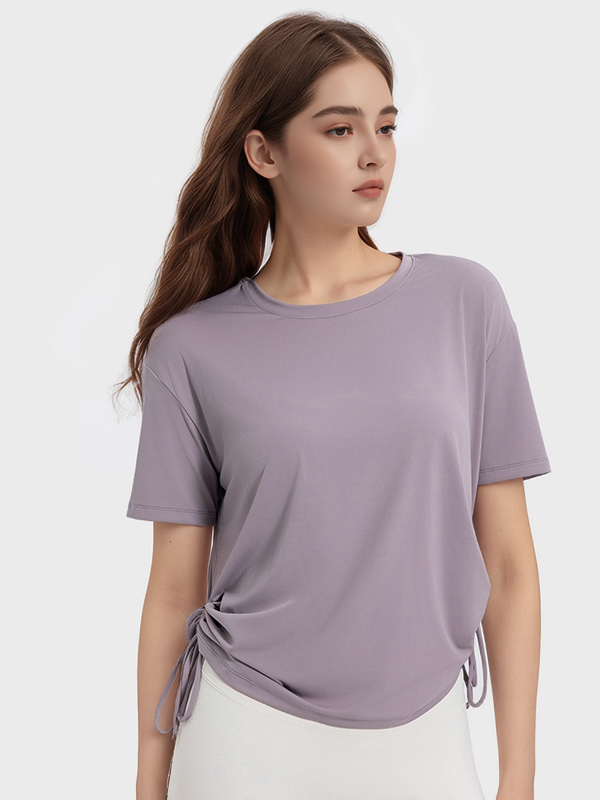 Loose Casual Short Sleeve Sports T-shirts With Side Drawstring