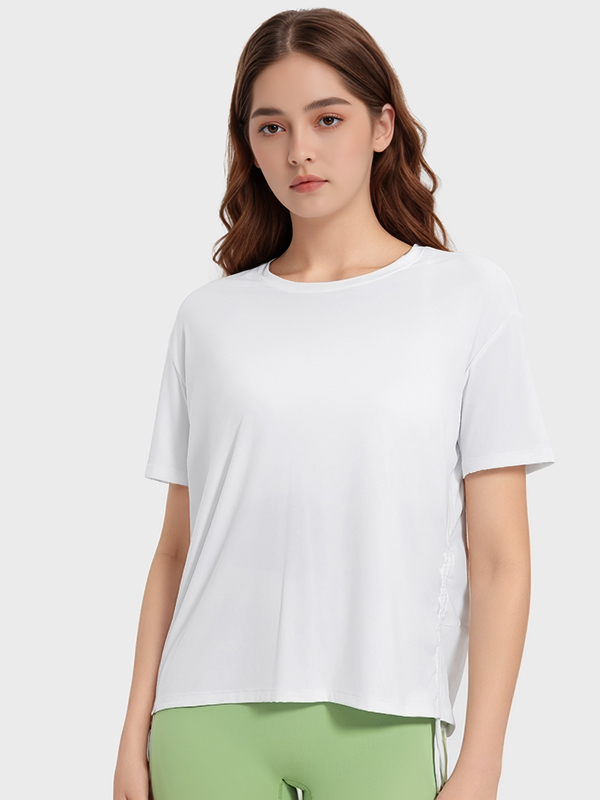 Loose Casual Short Sleeve Sports T-shirts With Side Drawstring