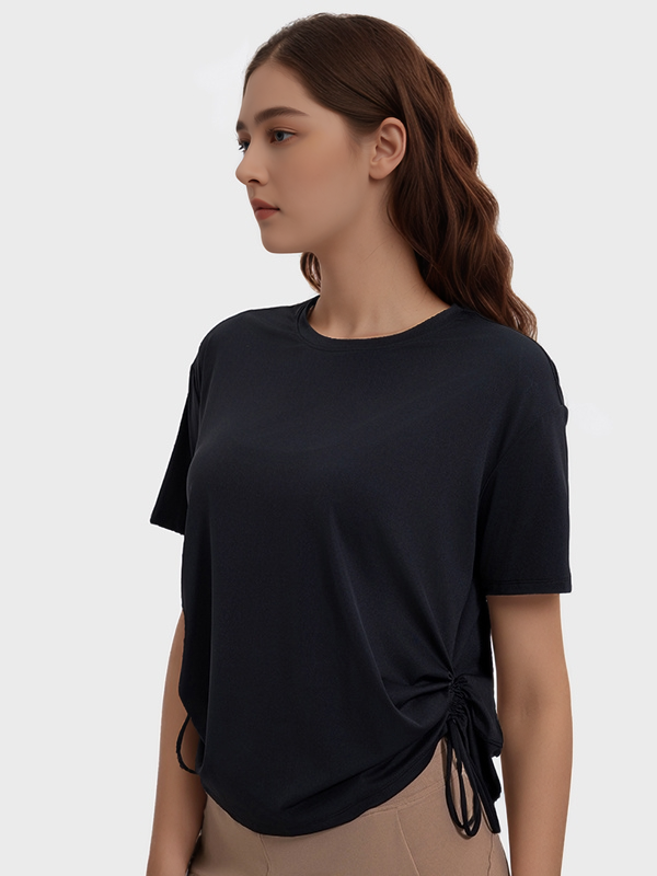 Loose Casual Short Sleeve Sports T-shirts With Side Drawstring