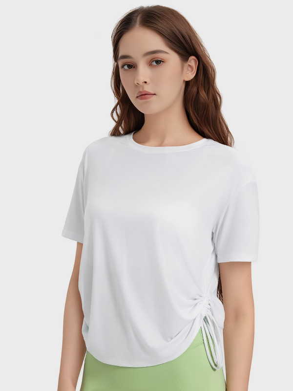 Loose Casual Short Sleeve Sports T-shirts With Side Drawstring