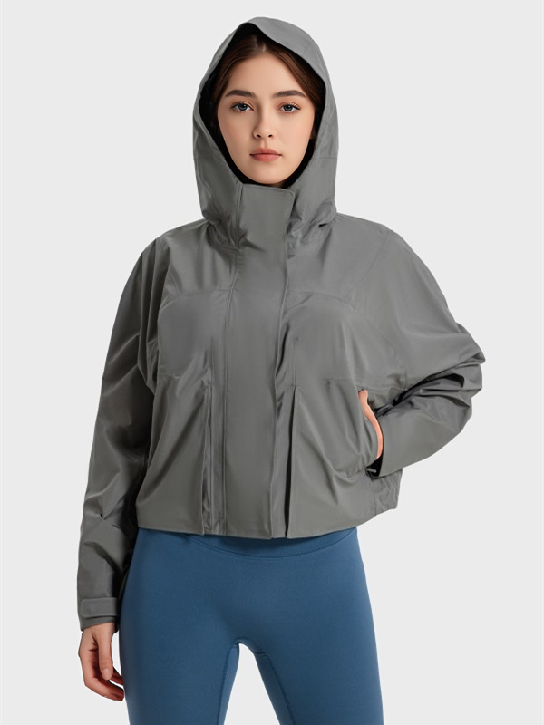Women Windbreaker Waterproof Raincoat Zip Up Hoodied Crop Jacket