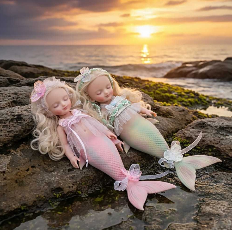 Tide Slumber · Solid Silicone Reborn Mermaid (Serene Green Haven / Warm Pink Coral)