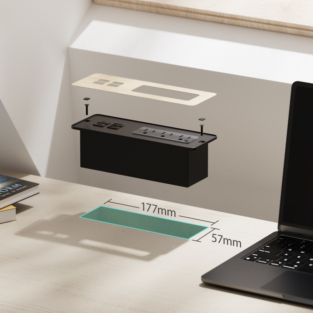 Recessed furniture power extension cord station