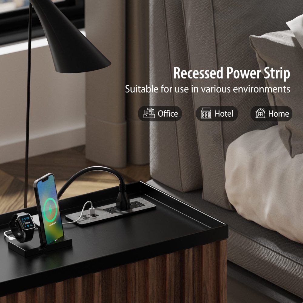 Recessed furniture power extension cord station