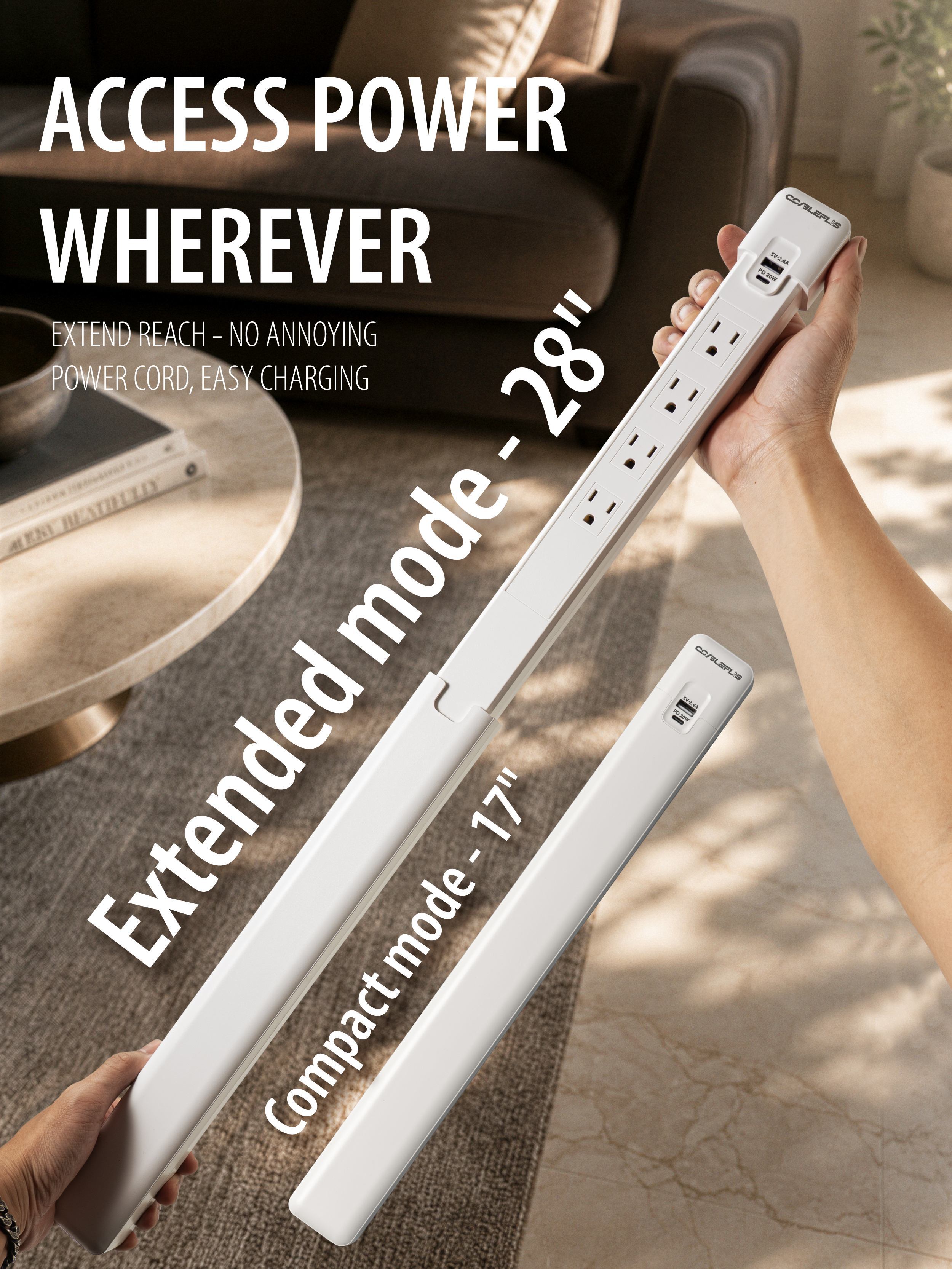 Electrical Outlet Extender. Access Hard-to-Reach Outlets. USB-A, USB-C, and 4 AC Outlets, Rotates 180°. Behind Couches, Nightstands, Desks, and More