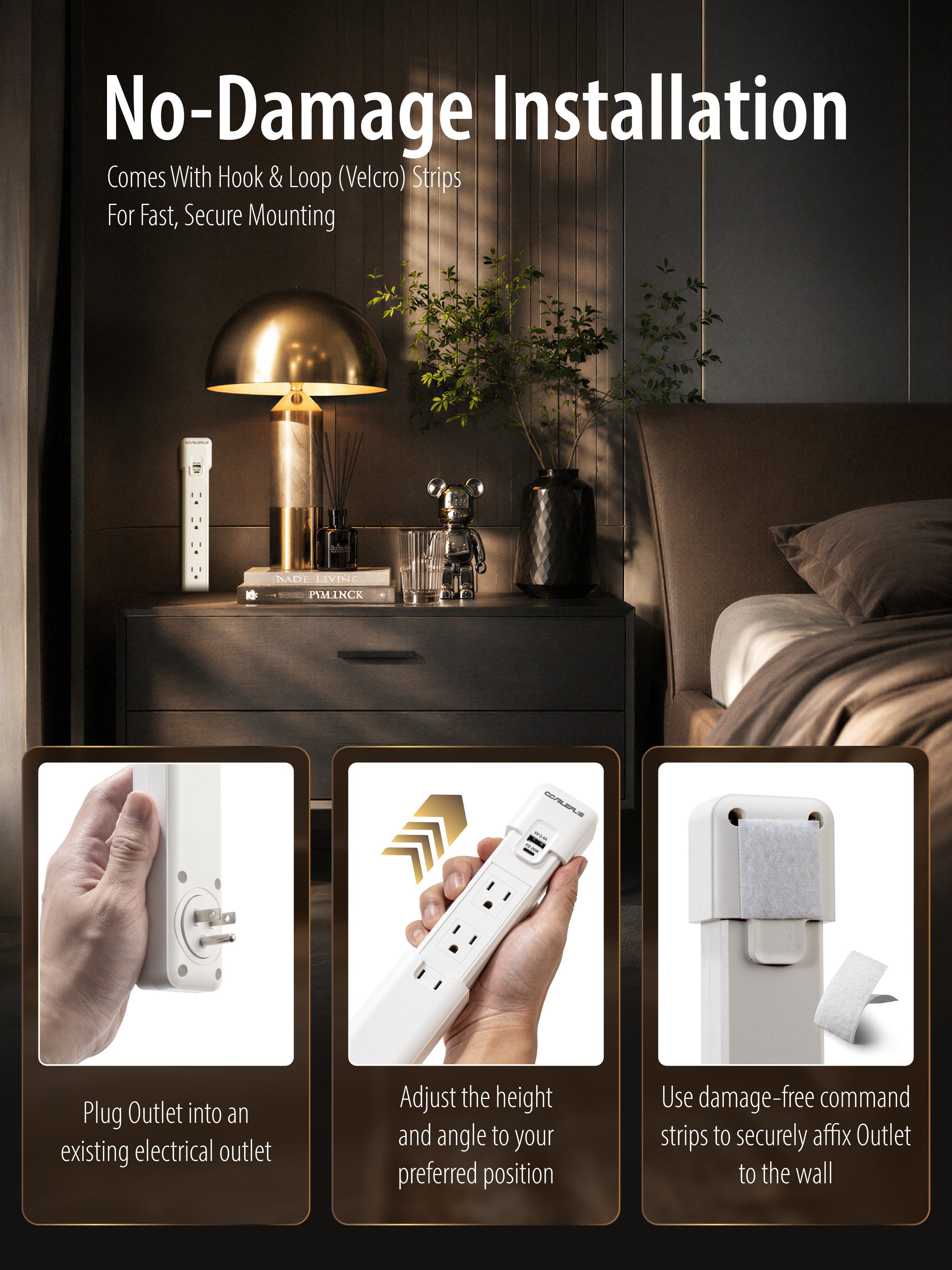 Electrical Outlet Extender. Access Hard-to-Reach Outlets. USB-A, USB-C, and 4 AC Outlets, Rotates 180°. Behind Couches, Nightstands, Desks, and More