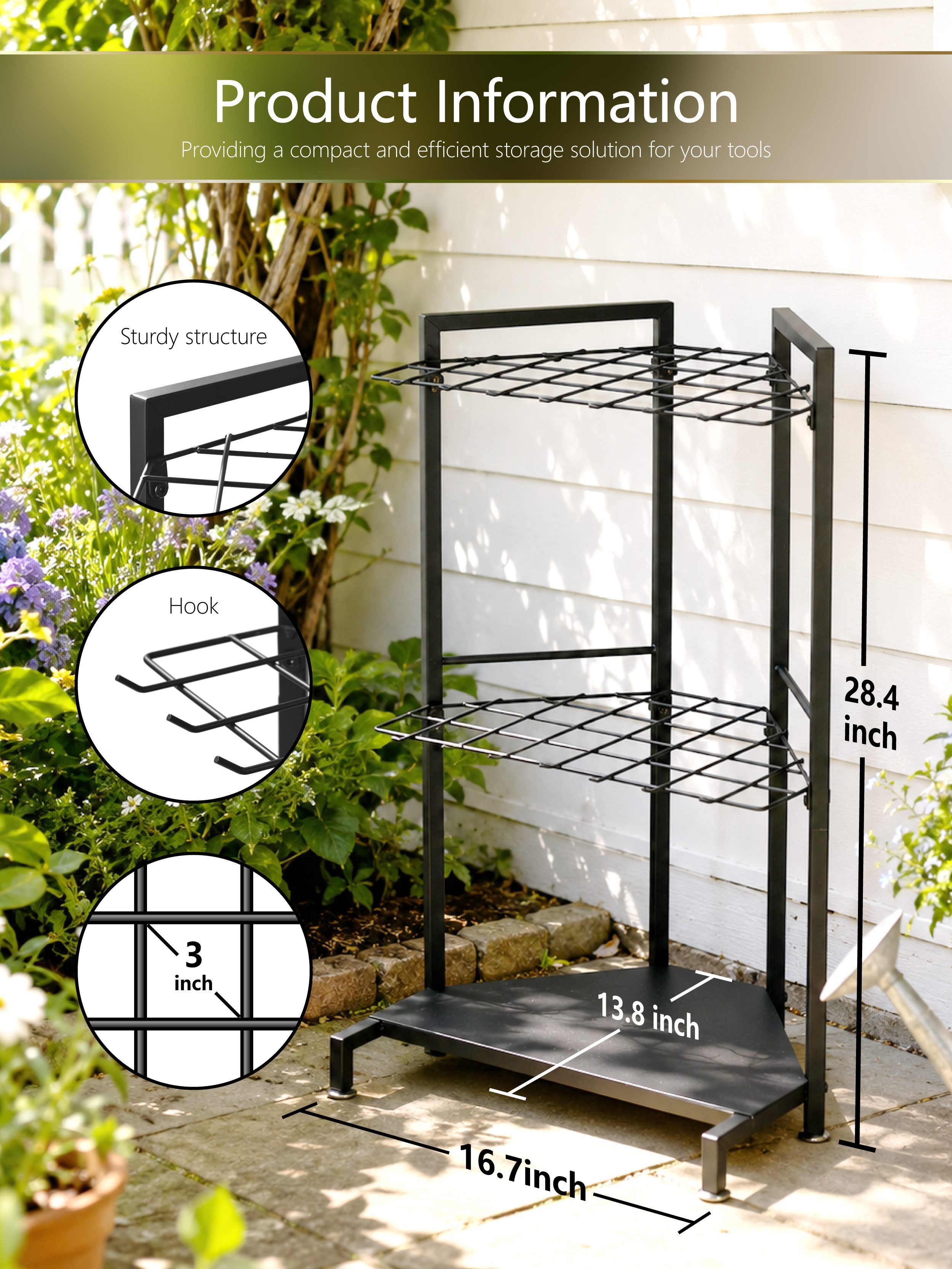 Garden Tool Storage Rack, Heavy‑Duty Metal Garden Organizer Stand for Garage, Yard & Shed, 3‑Tier Outdoor Tool Holder for Long‑Handled Gardening Tools